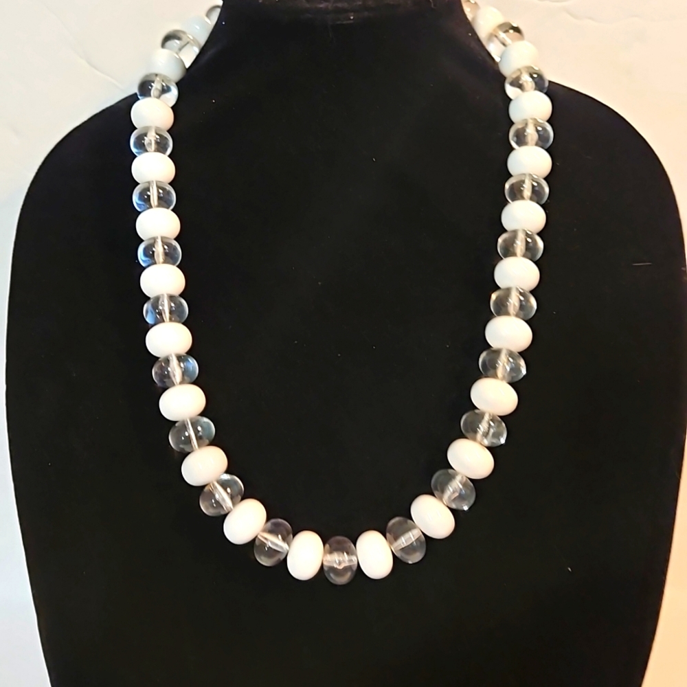 Vintage Lucite Statement Necklace White & Clear Beads 12" Long